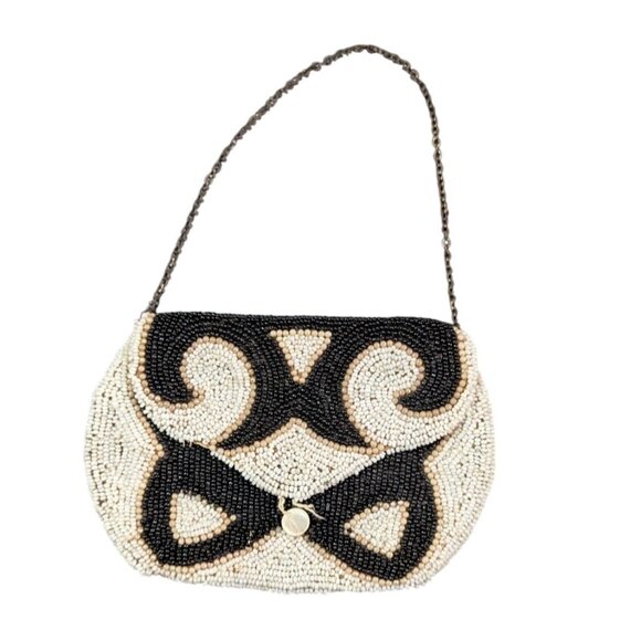 Vintage Beaded coin trinket Purse Black White Pattern Art Deco Chain Strap 5.5" - Picture 5 of 8